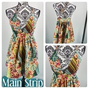 main strip Hawaiian floral cross back deep plunge V-neck dress cross back dress